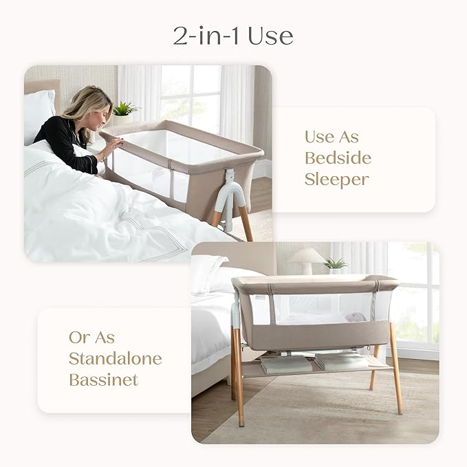 Delta Children Bondi Adjustable Height Bedside Beechwood Bassinet with PureAir Mesh Sheet and FSC-Certified Wood, Tan