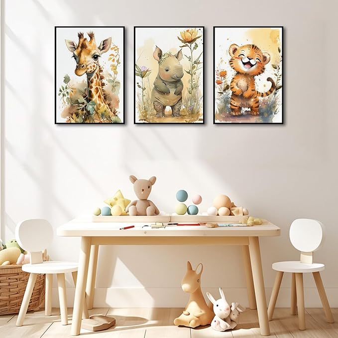 3Pcs Safari Nursery Wall Art watercolor baby Animal Wall Decor Lovely Jungle Animal Picture Painting Kids Room Posters Prints artwork for Boy Girl and Baby Room wall decoration,16x24in Poster