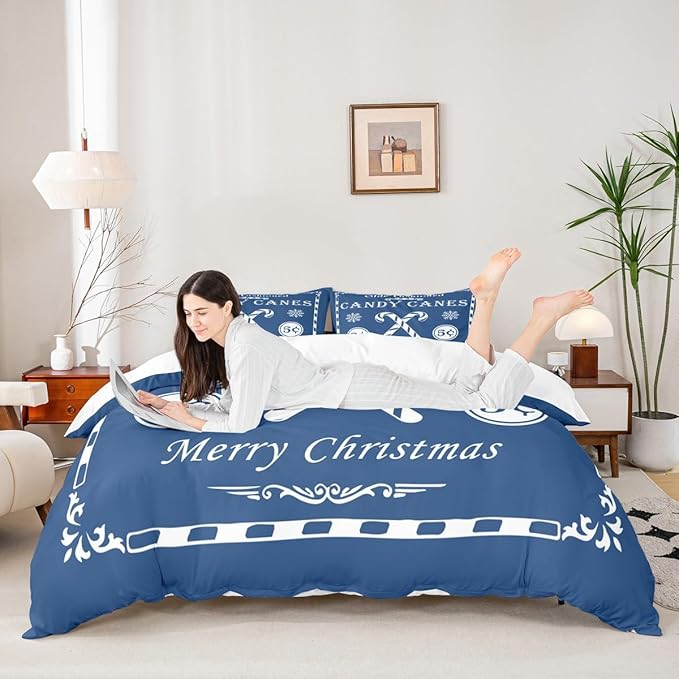 jejeloiu Christmas Bedding Set Full Size Kids Christmas Quote Comforter Cover Set for Boys Girls Teens Candy Canes Print Duvet Cover Xmas Bedspread Cover Room Decorations Blue Quilt Cover