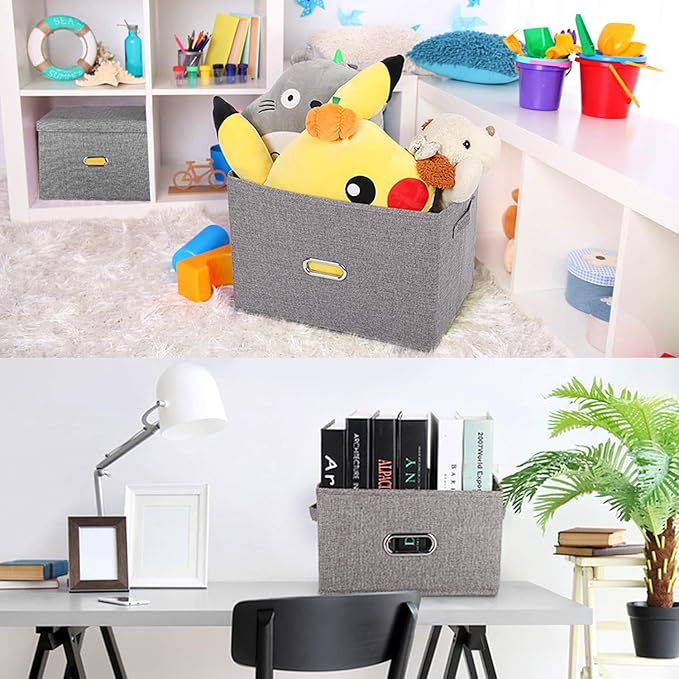 Large Linen Fabric Foldable Storage Bins with Removable Lid and Handles, Washable Storage Box Organizer Containers Baskets Cube with Cover for Bedroom,Closet,Office (Coffee, Small(2-Pack))