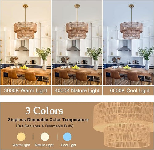 17.72" 4-Light Boho Chandelier Rattan Light Fixture Hand Woven Farmhouse Chandelier for Dining Room Ceiling Hanging Pendant Light for Kitchen Island Lighting