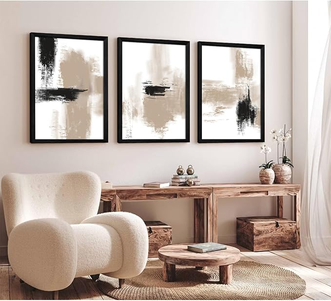 Beige Abstract Wall Art Painting Set of 3 Neutral Canvas Wall Art Prints Black Beige Modern Wall Decor Minimalist Art Pictures Abstract Modern Artwork for Room Bedroom 16x24 Inch Wood Framed