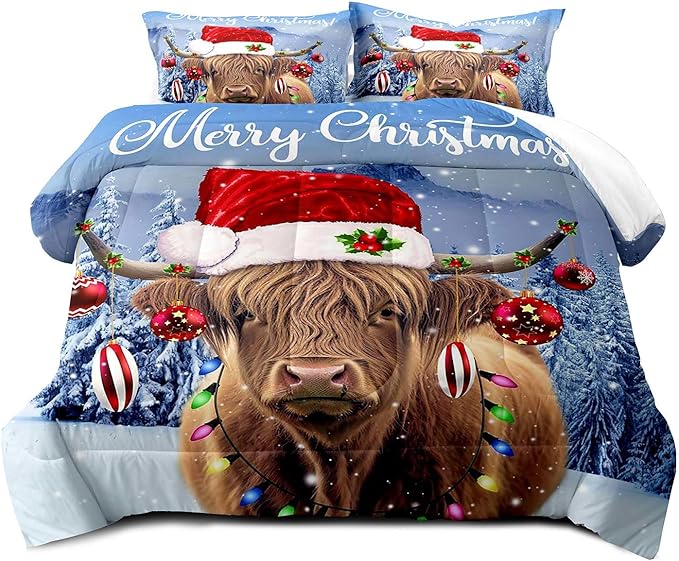 LUVIVIHOME 3PCS Funny Highland Cow Comforter Set King Size, Christmas Bedding, Cattle Bull Animal Santa Christmas Balls Winter Holiday Xmas New Year Christmas Bedroom Decor, Cow Gifts, 2 Pillow Shams