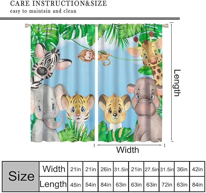 Kids Animals Blackout Curtains Watercolor Cartoon Cute Animals Green Jungle Art Printed for Children Girls Boys Bedroom Nursery Rod Pocket Decoration Window Drapes 2 Panels W26xL84in