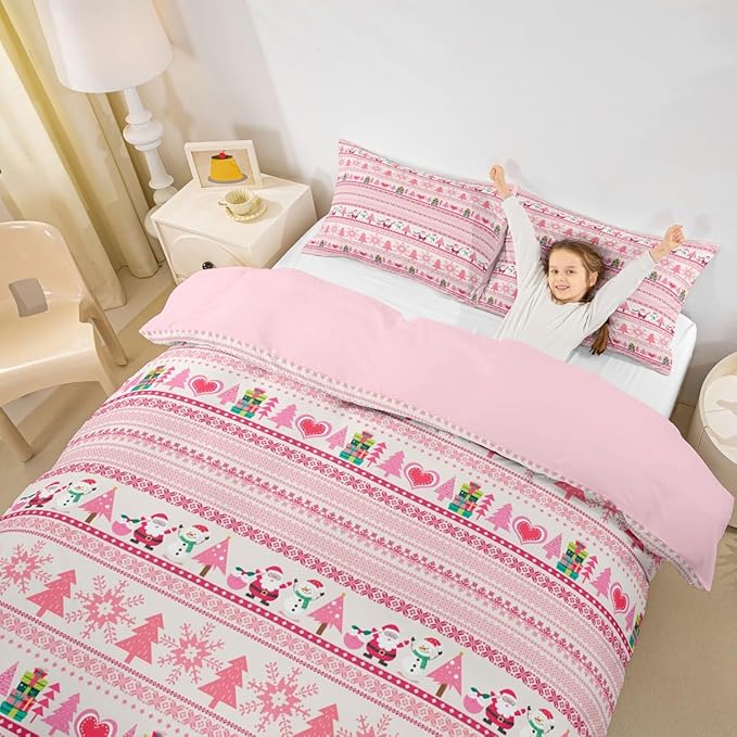Christmas Comforter Cover Cartoon Santa Claus Snowman Bedding Set Pink Snowflake Christmas Tree Duvet Cover for Kids Boys Girls Microfiber Boho Stripes Bedspread Cover Room Decor Bedclothes Queen Size