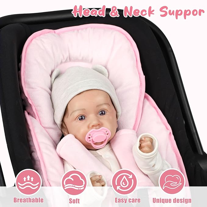 2 in 1 Infant Car Seat Insert Head and Body Support Set, Reversible Newborn Insert for Carseat with 3 Extra Strap Paddings, Soft Stroller Cushion Pillow Insert Girls, Fits for Stroller, Swing, Pink