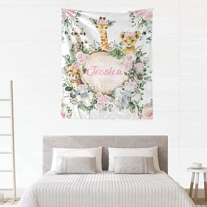 Personalized Cute Jungle Safari Animals Pink Floral Baby Blanket with Name for Girls Boys Custom Nursery Kids Blankets for Baby Shower Birthday Gifts Customized Baby Throw Soft Fleece 30 x 40 inch
