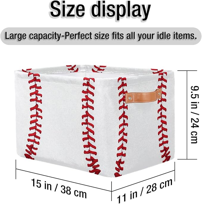 Baseball Storage Basket for Shelves, Storage Bins with Handles, Collapsible Basket for Organizing, Closet Toy Baskets for Nursery Room, 15x11x9.5 in, Canvas, Sports Baseball Stitches Lace