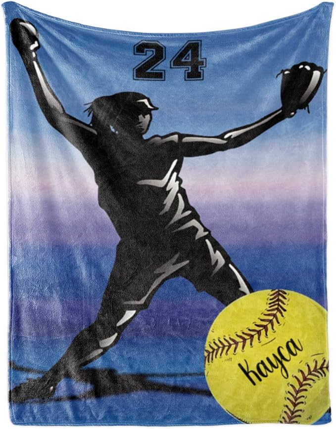Custom Softball Blanket with Name Number: Personalized Fluffy and Warm Gift for Baby Toddler Kids and Adults Birthday Skin-Friendly Flannel Fabric(40x50inch)