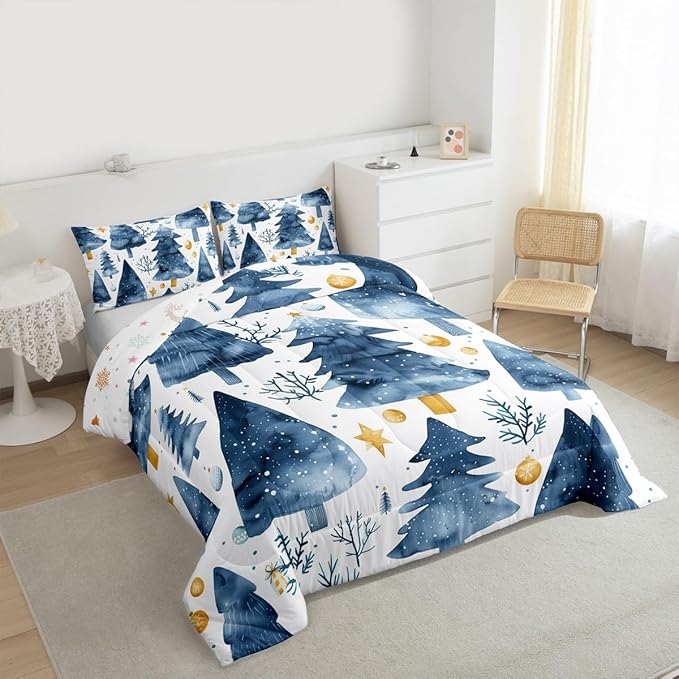 Feelyou Christmas Comforter Set All Season Xmas Tree Bedding Set with 1 Pillow Cases Watercolor Blue Microfiber Kids Toddler Bedclothes Snowflake Bedroom Decor Duvet Quilt Breathable Soft Lightweight