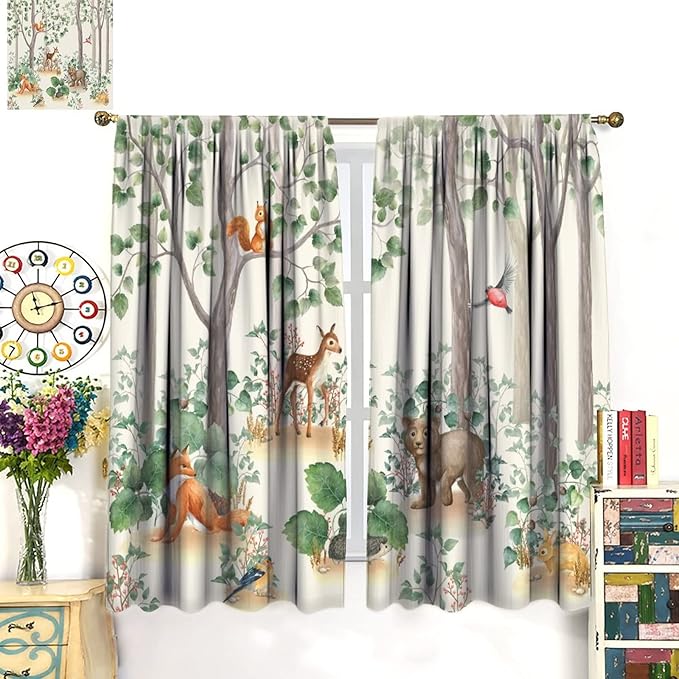 Forest Animal Curtains,Fox Elk Bird Animal Watercolor Woodland Print Curtains Kids Nursery Bedroom Living Room Home Decoration 42x63in