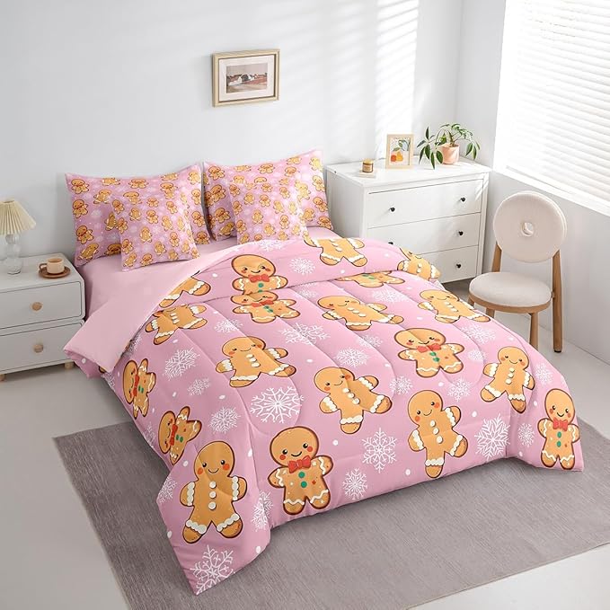 Erosebridal Christmas Gingerbread Queen Bedding Set 7 Piece,Cute Gingerbread Man Bed in A Bag,Xmas Snowflake Comforter Set Girls Sheet Set with Comforter,Pink Christmas Decoration