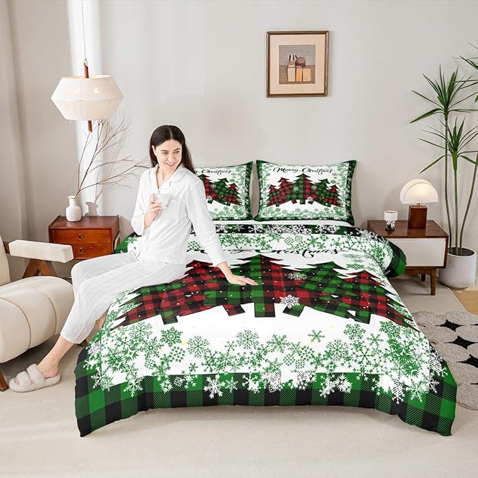 Castle Fairy Christmas Full Size Comforter Set,Pine Trees Green Snowflake Glitter Shiny Bedding Comforters Bedroom Collection,Winter Festival Plaid Checkered Bedding Set for Girls Teens