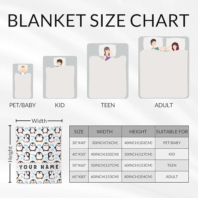 Personalized Penguin Blanket Gifts for Girls Women - 50" x 60" Inches Penguin Throw Blanket - White Soft Warm Throws for Couch, Bed & Travel