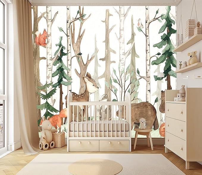 XMPMBM-Cartoon Hand-Painted Animals Woodland Nursery Room Fabric Wallpaper Graffiti Pine Forest Kids Gaming Room Wall Mural-W 88" X H 59"（36 Square Foot）
