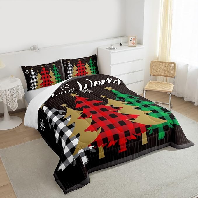 Christmas Kids Comforter Set Twin Size,Plaid Pine Trees Snowflake Bedding,Girls Boys Adults Bedroom/Xmas Cabin Decor,Geometric Lines Stylish Down Comforter,Rustic Colorful Duvet Insert,1 Pillowcase