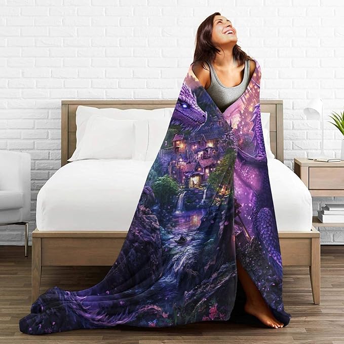 Dragon Blanket Purple Throw Blankets for Girls Boys Soft Warm Cool Mysterious Castle Throws Flannel Fleece Plush Animal Gifts for Kids Men Women Adults for Bed Sofa Bedding Decor 80"x60"