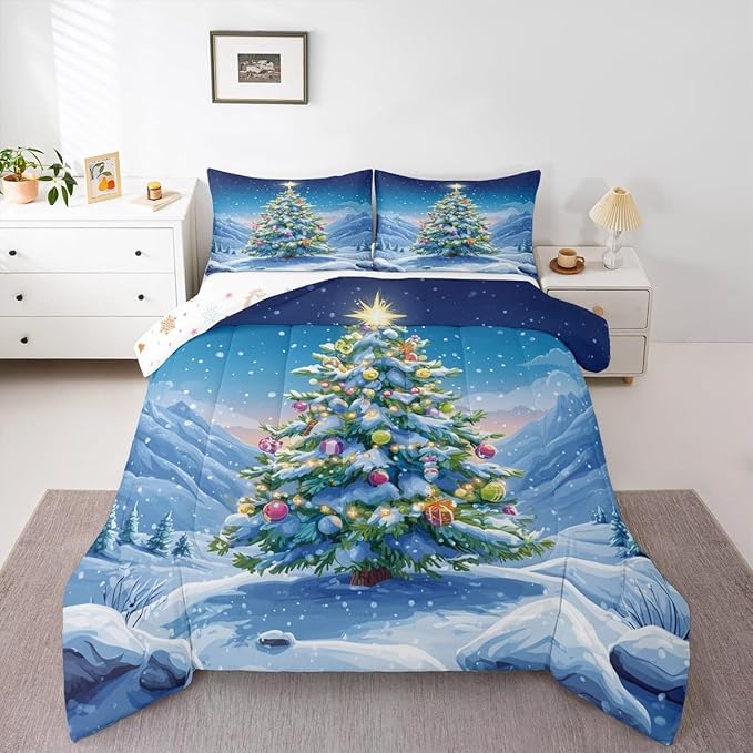 Feelyou Christmas Comforter Set Toddler Size Xmas Tree Bedding Set for Kids Boys Girls Winter Snowflake Duvet Quilt Christmas Tree Ornaments Bedroom Decor Microfiber 2 Pcs with 1 Pillow Cases