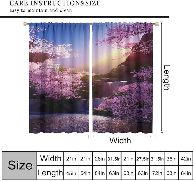 Landscape Waterfall Blackout Curtains, Watercolor Blossom Cherry Flower Forest Pattern Rod Pocket Window Drapes, for Bedroom Living Room 55" W X 63" L