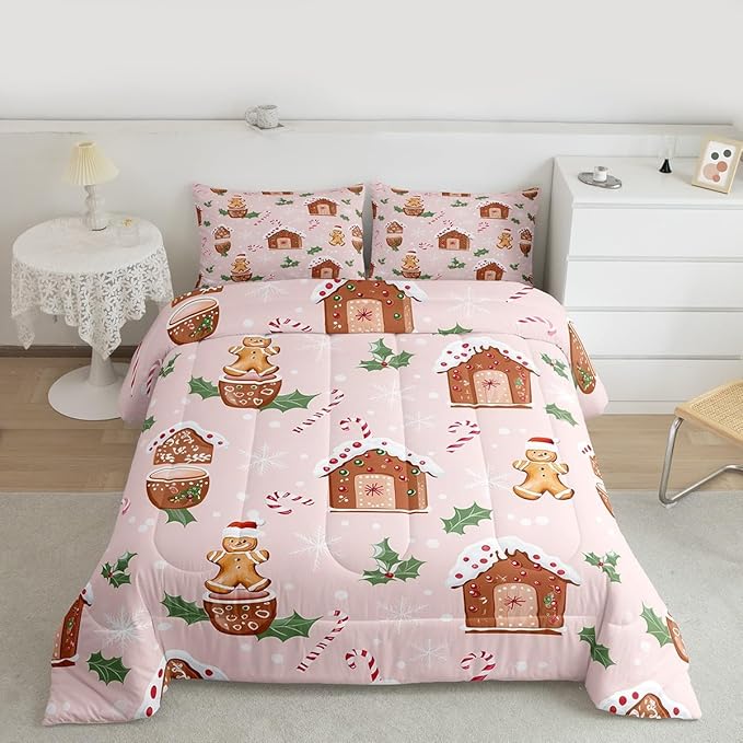 Feelyou Pink Christmas Comforter Set All Season Gingerbread Man Bedding Set with 2 Pillow Cases Christmas Pastry Microfiber Kids Queen Bedclothes Candy Cane Bedroom Decor Duvet Quilt Breathable Soft