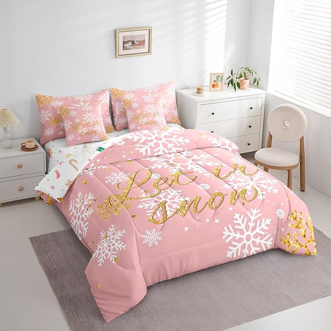 Feelyou Christmas Bed Set Snowflakes Bed in a Bag for Kids Girls Boys Pink Bedding Set King Size Glitter Star Comforter Set with Sheets Lightweight Room Decor