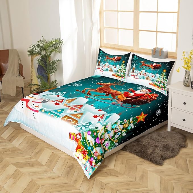 Manfei Christmas Duvet Cover Set Twin Size, Xmas Tree Snowman Bedding Set for Kids Boys Girls, Santa Claus with Reindeer Comforter Cover New Year Theme Quilt Cover with 1 Pillowcase, No Comforter