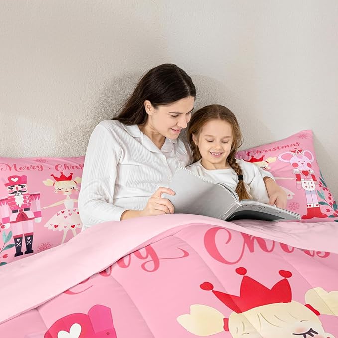 Feelyou Pink Christmas Comforter Set All Season Nutcracker Bedding Set with 1 Pillow Cases Mouse King Microfiber Kids Twin Bedclothes Royal Guarder Ballet Princess Bedroom Decor Duvet Quilt Soft