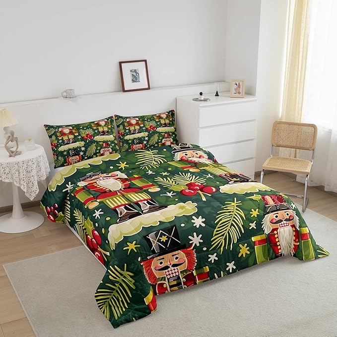 Christmas Cartoon Soldier Bedding Set Full Size,Christmas Leaves Snowflake Comforter Set for Kids Boys Girls Room Decor,Xmas Abstract Art Duvet Insert 3Pcs,Polka Dot Green Quilt Set,2 Pillowcases