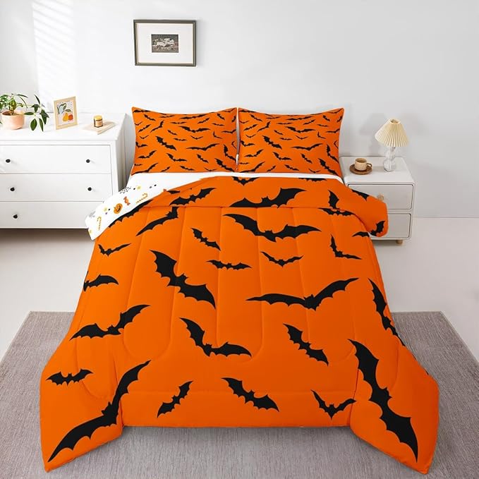 Erosebridal Halloween Comforter Set Gothic Bats Bedding Set Twin Size,Spooky Silhouette Bat Quilt for Kids Boys Girls Adults Flying Mysterious Animals Down Comforter,Horror Spooky Home Decor