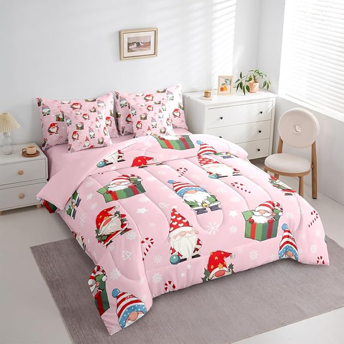 Feelyou Christmas Gnomes Queen Comforter Set with Sheets for Kids Boys Girls Cute Snowflakes Candy 7 Pieces Bedding Set Santa Claus Bed in a Bag Reversible Xmas Pink Decor Room Decor Soft Lightweight