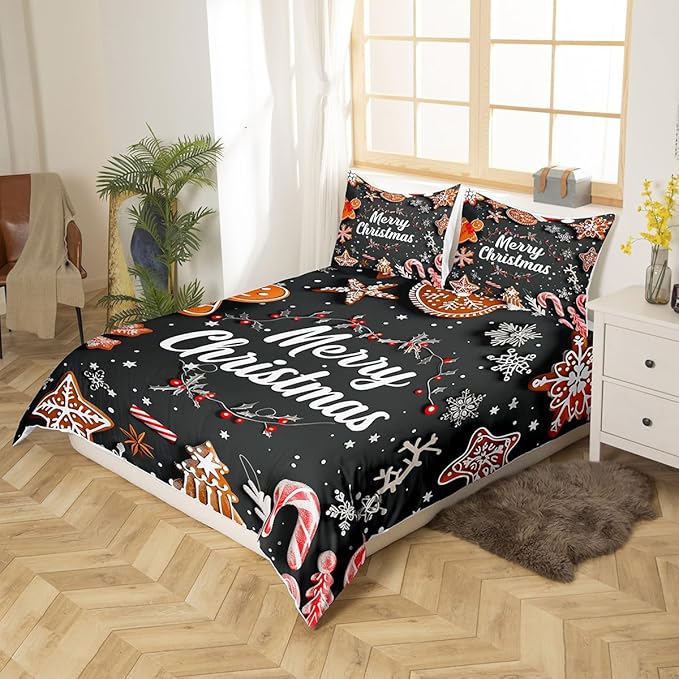 Manfei Christmas Bedding Set 3pcs for Kids Girls Red Cartoon Gingerbread Man Printed Comforter Cover Festival Duvet Cover Set Microfiber Bedspread Cover with 2 Pillow Cases(No Comforter) King Size