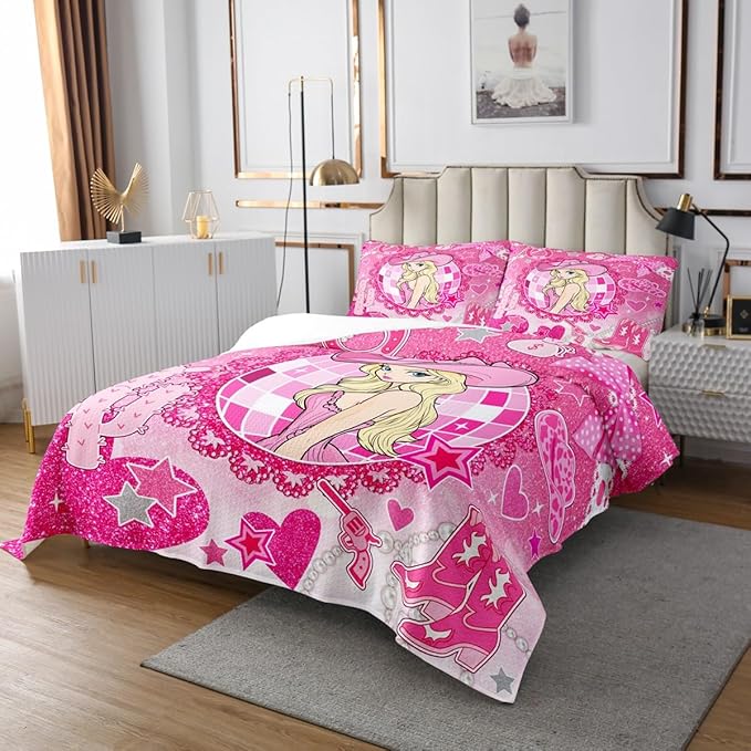 Western Cowgirl Princess Bedspread King Size,Cactus Cowgirl Boot Cap Bowknot Coverlet Set,Girls Women Room Decor,Star Love Heart Glitter Romantic Quilted Coverlet,Pink Bedding Quilt,2 Pillowcases
