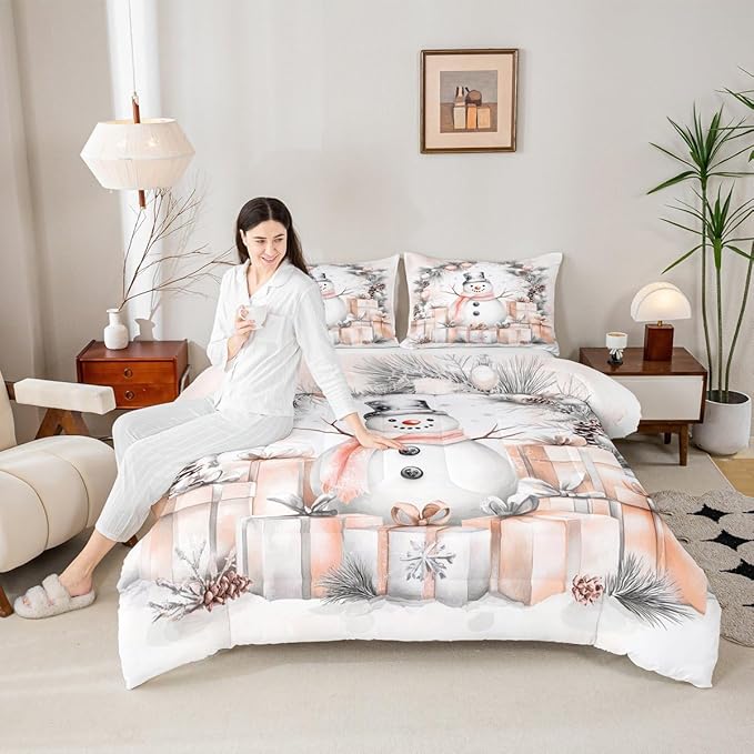 Feelyou Merry Christmas Comforter Set Twin Size Cute Snowman Bedding Set for Kids Boys Girls Duvet Quilt Snowflake Bedroom Decor Microfiber 2 Pcs with 1 Pillow Cases