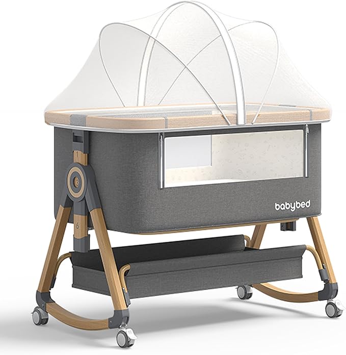 Baby Bassinet Bedside Bassinet for Baby 4 in 1 Portable Bassinet Bedside Sleeper with Wheels Mosquito Net & Storage Basket, 6 Height Adjustable Rocking Bassinet for Newborn Baby Crib
