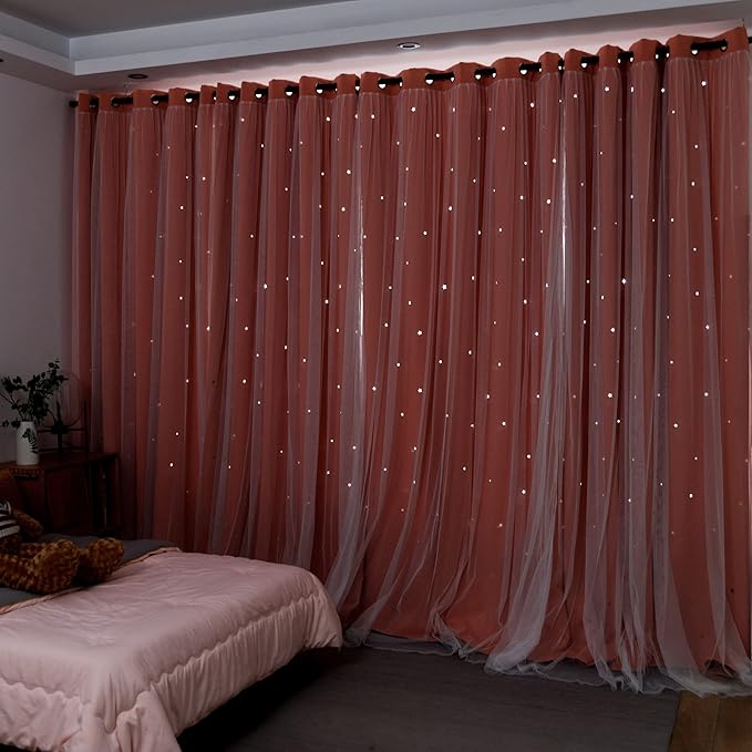 Kinryb Princess Curtains for Girls Bedroom with Sheer Overlay,Double Layer Curtain for Living Room with Star Cutout, Curtains for Kids Room (70 W*95 L Inches,2 Pcs Coral)