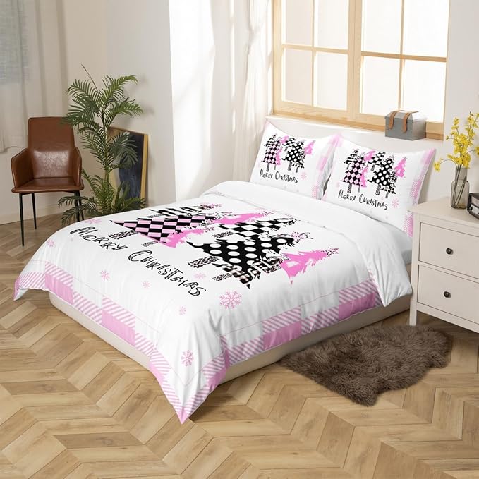 Manfei Xmas Trees Duvet Cover Set Queen Size, Pink Plaid Grid Snowflake Comforter Cover with 2 Pillowcases, Christmas Theme Bedding Set for Kids Girls Room Decor New Year Bedspread Cover, No Comforter