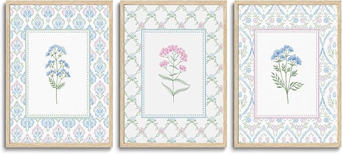 CHMMART 3 Piece Pastel Wildflower Framed Wall Art Nursery Floral Canvas Art Prints Pink Blue Botanical Pictures Wall Decor Boho Flower Painting Artwork for Bedroom Bathroom 12x16in
