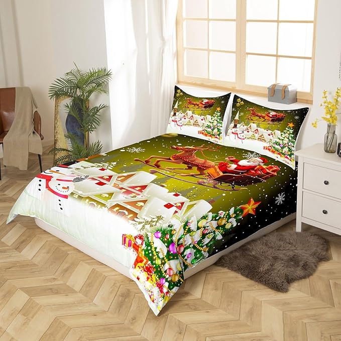Manfei Christmas Duvet Cover Set Twin Size, Xmas Tree Snowman Comforter Cover with 1 Pillowcase, Santa Claus with Deer Bedding Set for Kids Boys Girls New Year Theme Bedspread Cover, No Comforter
