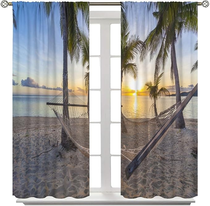 Ocean Beach Curtains,Morning Sunrise Hawaiian Seaside Scene Pattern Blackout Print Home Bedroom Living Room Window Treatments 2 Panel Set 42x54 Inch