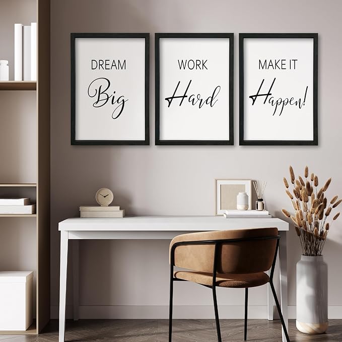 YWJKWLGS Motivational Wall Decor for Office & Home 11x16 Inch Set of 3 Inspirational quotes Wall Art Wood Frame Hanging Dream Big Work Hard Make It Happen positive affirmations Sign (Black)