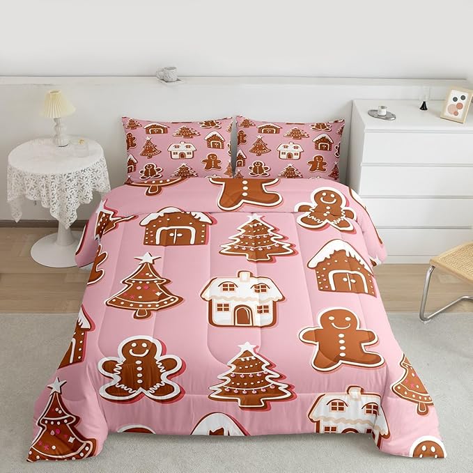 Feelyou Christmas Comforter Set King Size Gingerbread Man Bedding Set for Kids Boys Girls Snowflake Duvet Quilt Xmas Tree Bedroom Decor Microfiber 3 Pcs with 2 Pillow Cases
