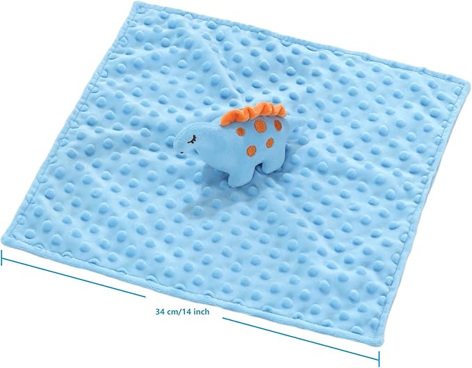 CREVENT Cozy Plush Baby Security Blanket Loveys for Baby Boys, Minky Dot Front + Sherpa Backing with Animal Face (Blue Dinosaur)