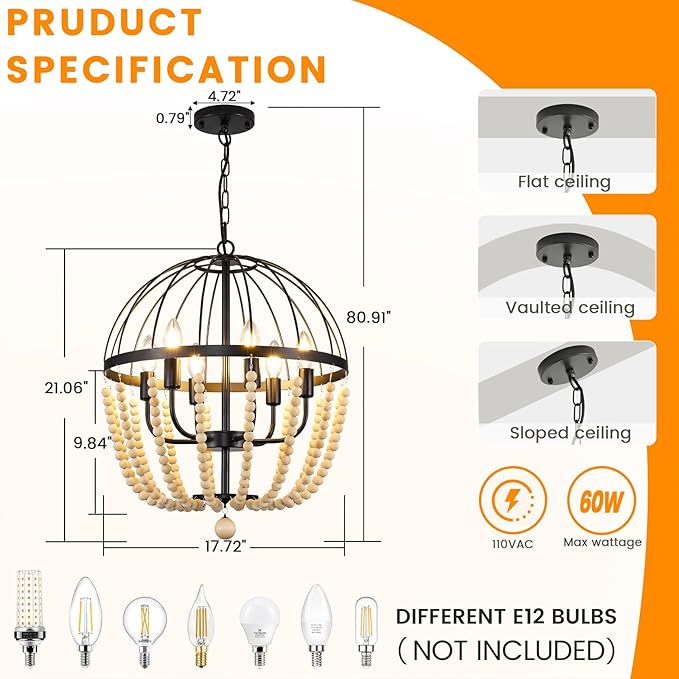 WJShome 6-Light Farmhouse Chandelier, Vintage Dining Room Light Fixture, Black Boho Wooden Bead Lantern Pendant Light, Rustic Pendant Lights Kitchen Island, for Entryway Foyer Hallway,