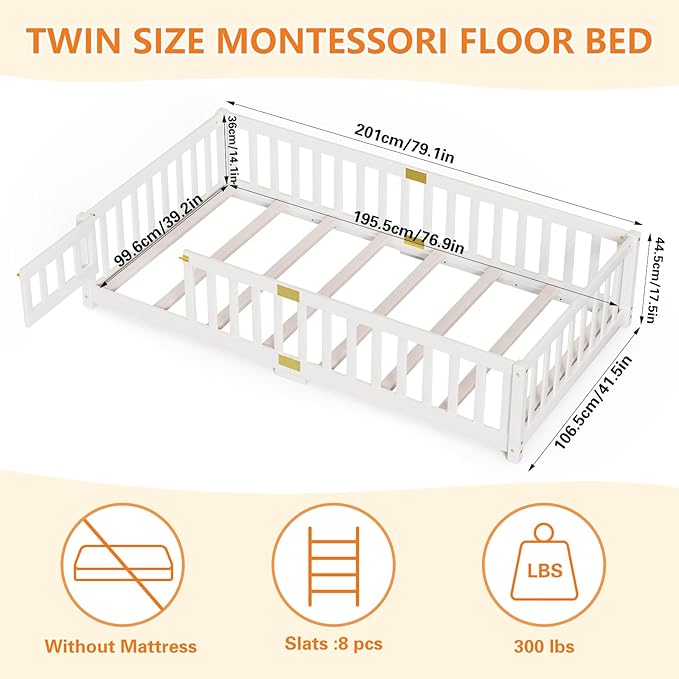 NAIZEA Twin Floor Bed for Kids-Twin Montessori Bed Frame with Wood Slats and Door and Slats, Wood Toddler Floor Beds for Girls and Boys, White