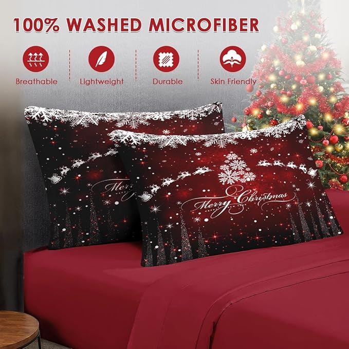 7 Pcs Full Size Christmas Comforter Set with 2 Pillowcases & 2 Shams, Dark Red Winter Snowflake Bedding for Kids and Adults, Merry Xmas Bed in a Bag with Flat Fitted Sheet