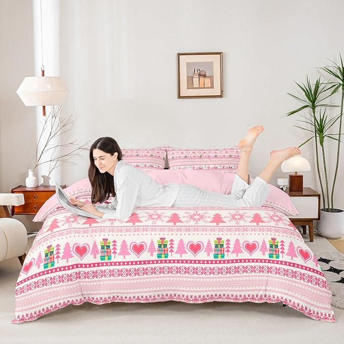 Christmas Comforter Cover Cartoon Santa Claus Snowman Bedding Set Pink Snowflake Christmas Tree Duvet Cover for Kids Boys Girls Microfiber Boho Stripes Bedspread Cover Room Decor Bedclothes Twin Size