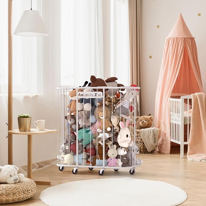 300L Stuffed Animal Organizer Plush Toy Storage Organizer Toy Storage Basket, Kids Toy Storage Bins with Wheels, Metal Frame and Elastic Cord Design, Suitable for Storage of Any Stuff