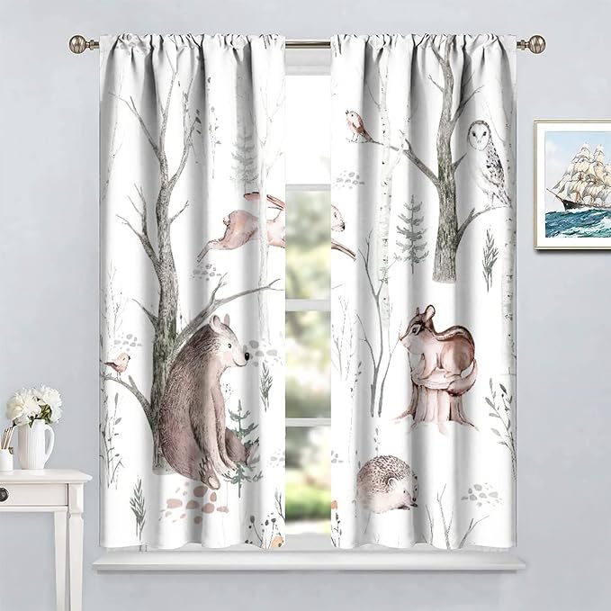 Watercolor Woodland Animal Curtains, Wildlife Bear Farmhouse Lodge Cabin Squirrel Owl Hedgehog Fox Blackout Rod Pocket Windows Door Curtain for Bedroom Living Room Home Decor 63x72in
