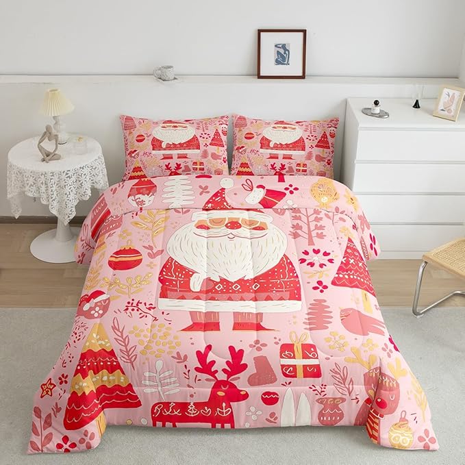 Feelyou Cute Santa Claus Bedding Set for Kids Boys Girls King Size Xmas Deer Elk Decor Comforter Set Ultra Soft Comforter Xmas Tree Duvet Quilt Bedroom Decor Christmas Decor Quilt
