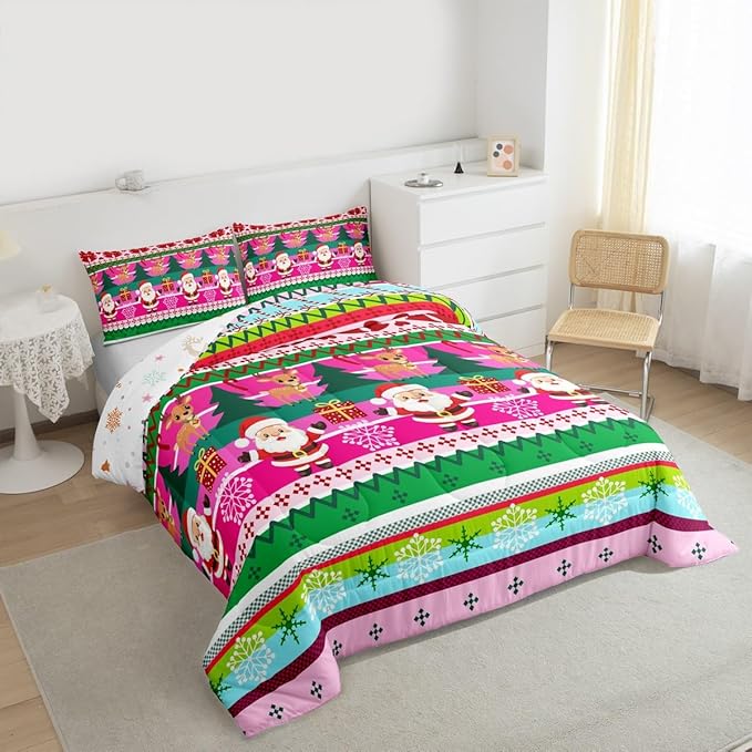 Feelyou Merry Christmas Comforter Set All Season Santa Claus Bedding Set with 1 Pillow Cases Cute Deer Microfiber Kids Twin Bedclothes Snowflake Bedroom Decor Duvet Quilt Breathable Soft